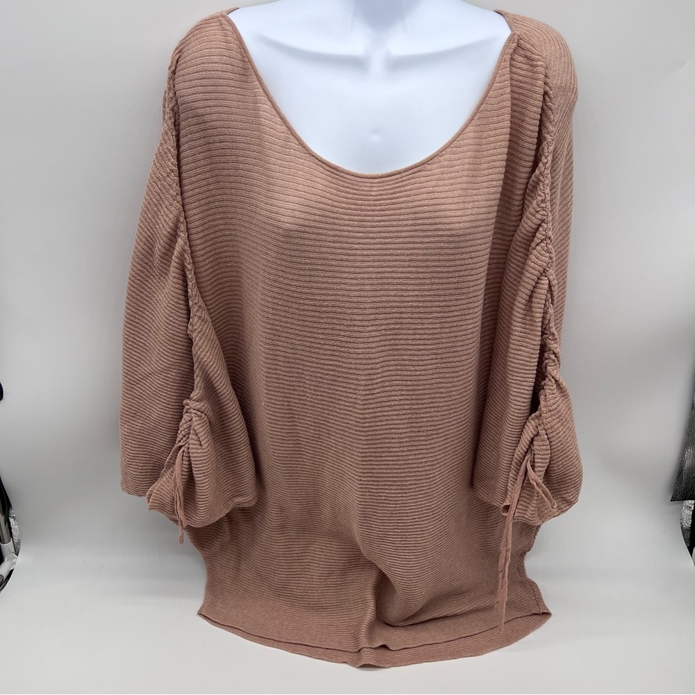Zara Dusty Pink Boat Neck Knit Batwing Sweater w/Ruched Drawstring Sleeves- Sz M